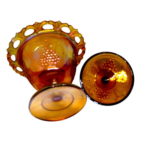 Carnival Glass Amber Marigold Grape Vine Harvest Pedestal Compote Candy Dish Lid - Picture 5 of 9